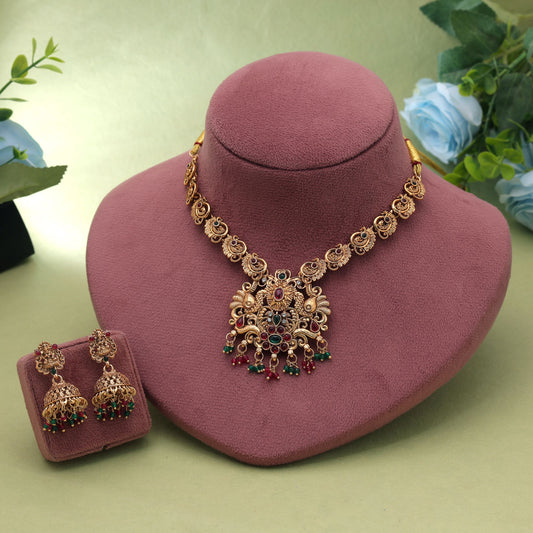 Maroon & Green Color Temple Necklace Set with Premium Antique Gold Finish Design
