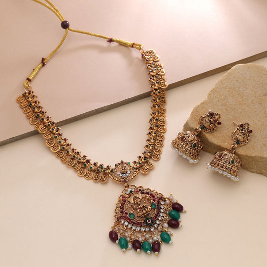 Maroon & Green Color Temple Necklace Set Crafted with Traditional Festive Appeal