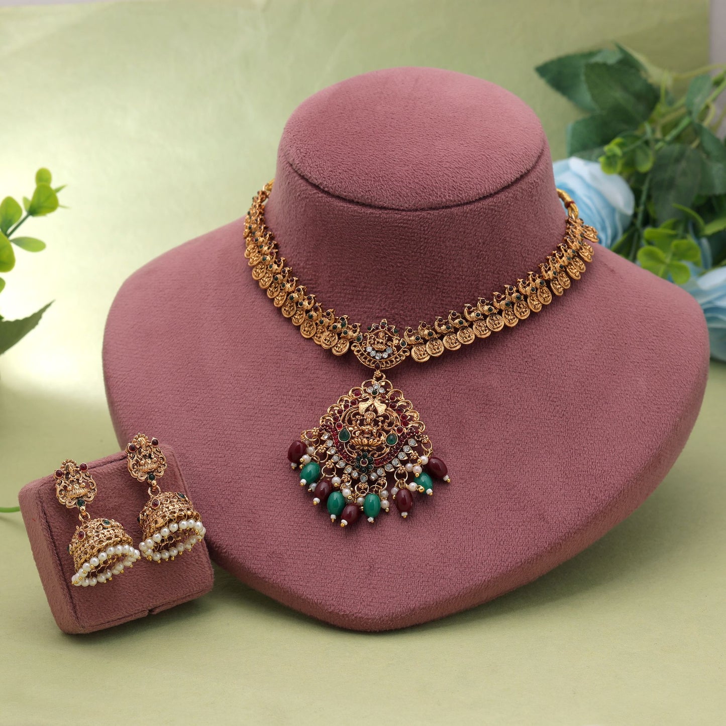 Maroon & Green Color Temple Necklace Set Crafted with Traditional Festive Appeal