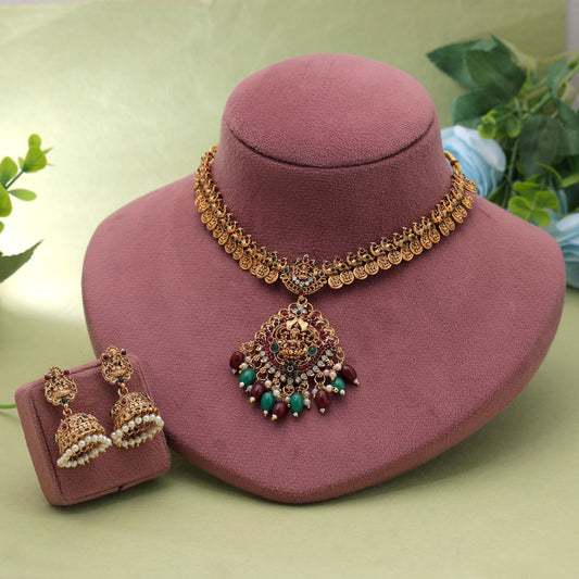 Maroon & Green Color Temple Necklace Set Crafted with Traditional Festive Appeal