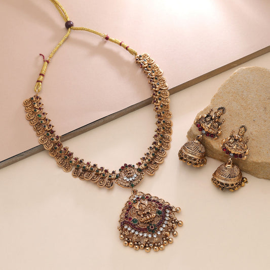Maroon & Green Color Temple Necklace Set with Beautiful Goddess Inspired Detailing