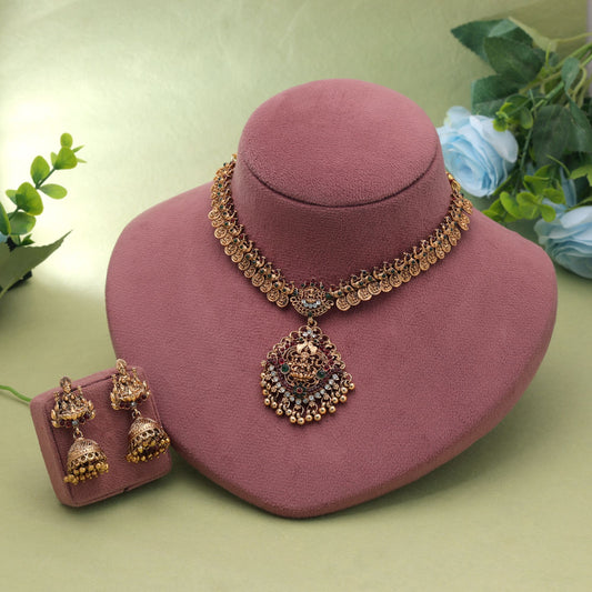 Maroon & Green Color Temple Necklace Set with Beautiful Goddess Inspired Detailing