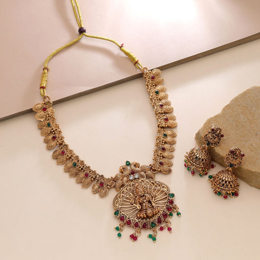 Rani & Green Color Temple Necklace Set Featuring Stylish Temple Art Craftsmanship