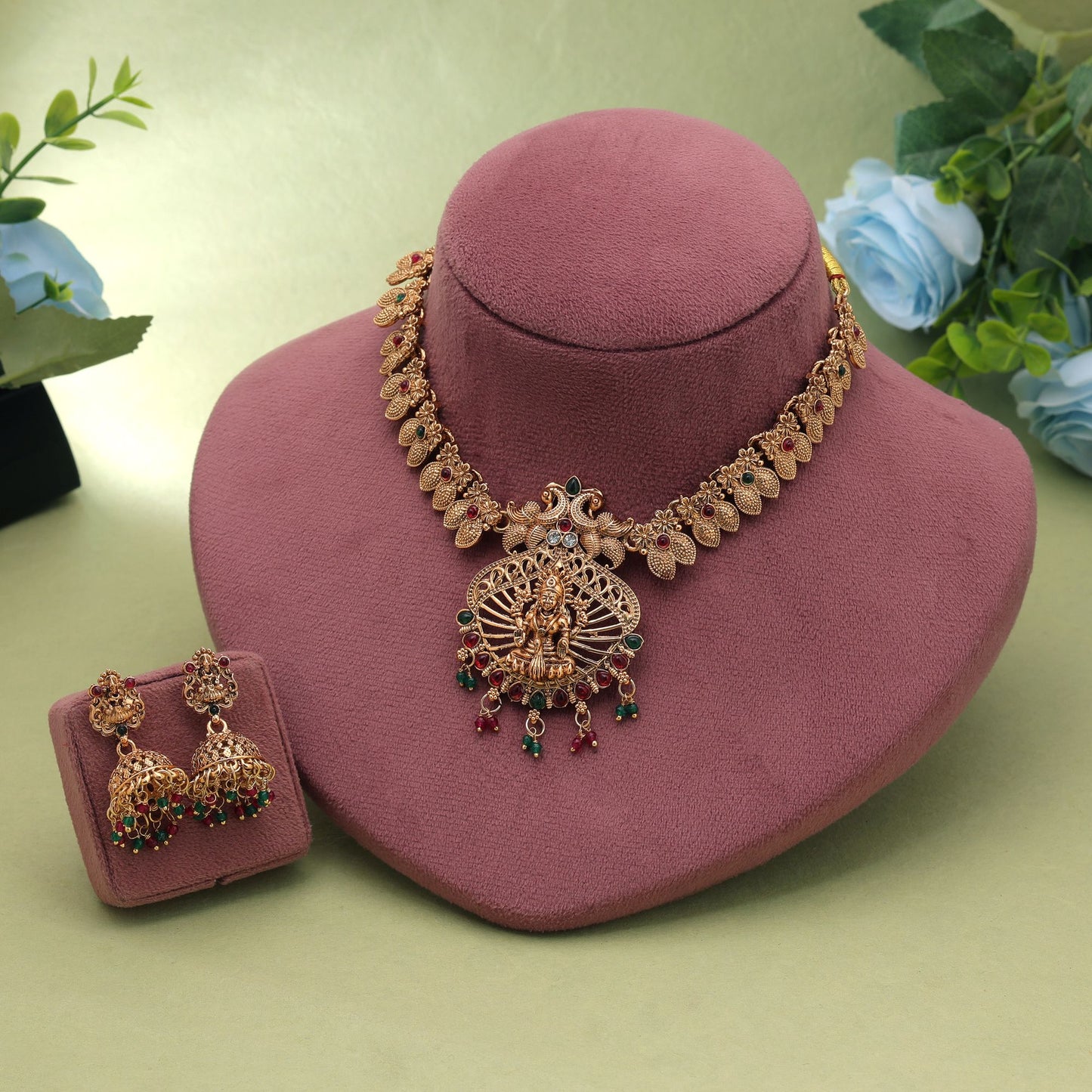 Rani & Green Color Temple Necklace Set Featuring Stylish Temple Art Craftsmanship