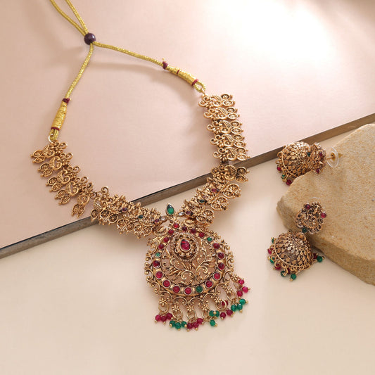 Rani & Green Color Temple Necklace Set with Graceful Traditional Wedding Design