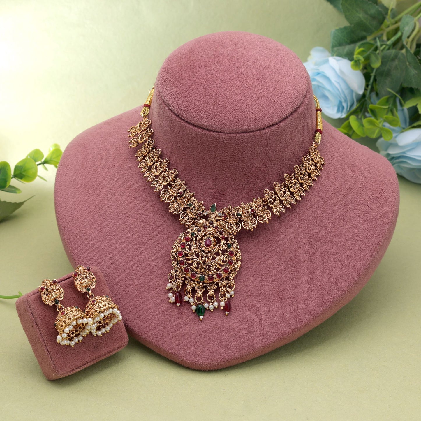 Maroon & Green Color Temple Necklace Set with Stunning Ethnic Necklace Pattern