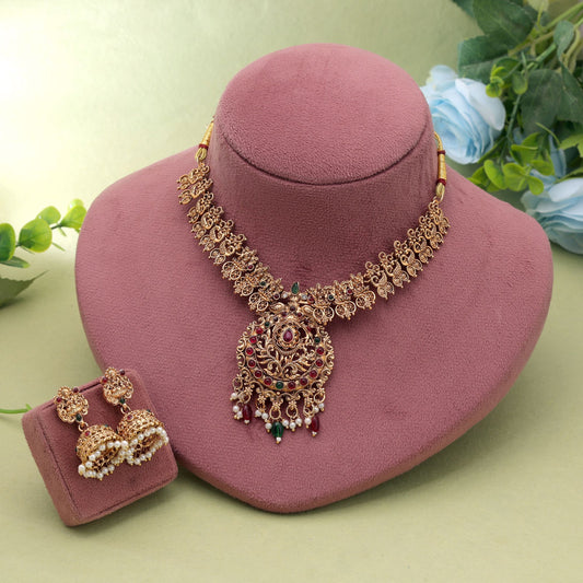 Maroon & Green Color Temple Necklace Set with Stunning Ethnic Necklace Pattern