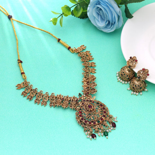 Maroon & Green Color Temple Necklace Set with Stunning Ethnic Necklace Pattern