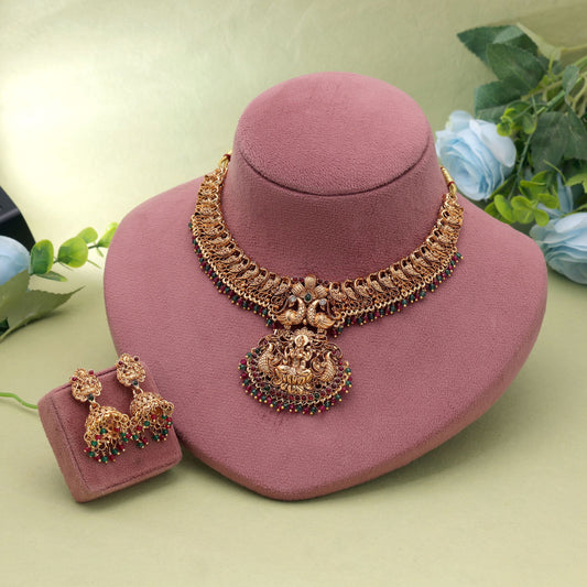 Rani & Green Color Temple Necklace Set Crafted for Festive and Bridal Occasions