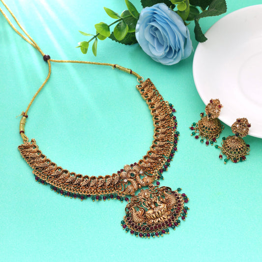Rani & Green Color Temple Necklace Set Crafted for Festive and Bridal Occasions
