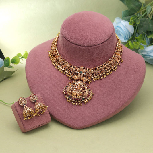 Maroon & Green Color Temple Necklace Set with Intricate Classic South Indian Motifs