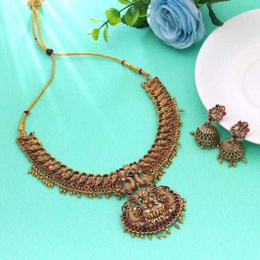 Maroon & Green Color Temple Necklace Set with Intricate Classic South Indian Motifs