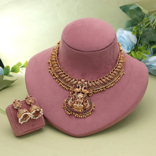 Maroon & Green Color Temple Necklace Set Featuring Designer Antique Jewelry Finish