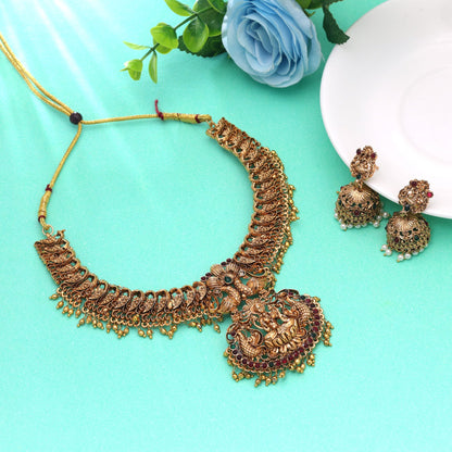 Maroon & Green Color Temple Necklace Set Featuring Designer Antique Jewelry Finish