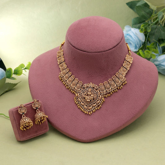 Gold Color Temple Necklace Set with Elegant Traditional Royal Jewelry Design