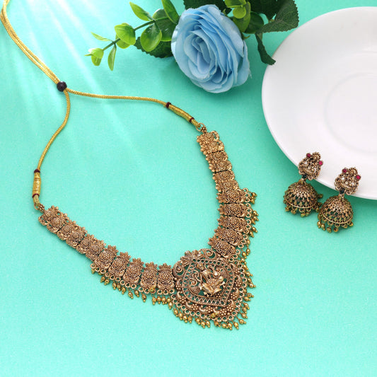 Gold Color Temple Necklace Set with Elegant Traditional Royal Jewelry Design
