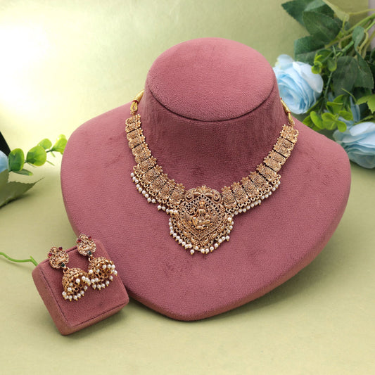 Gold Color Temple Necklace Set with Classic Ethnic Bridal Jewelry Appeal