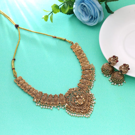 Gold Color Temple Necklace Set with Classic Ethnic Bridal Jewelry Appeal