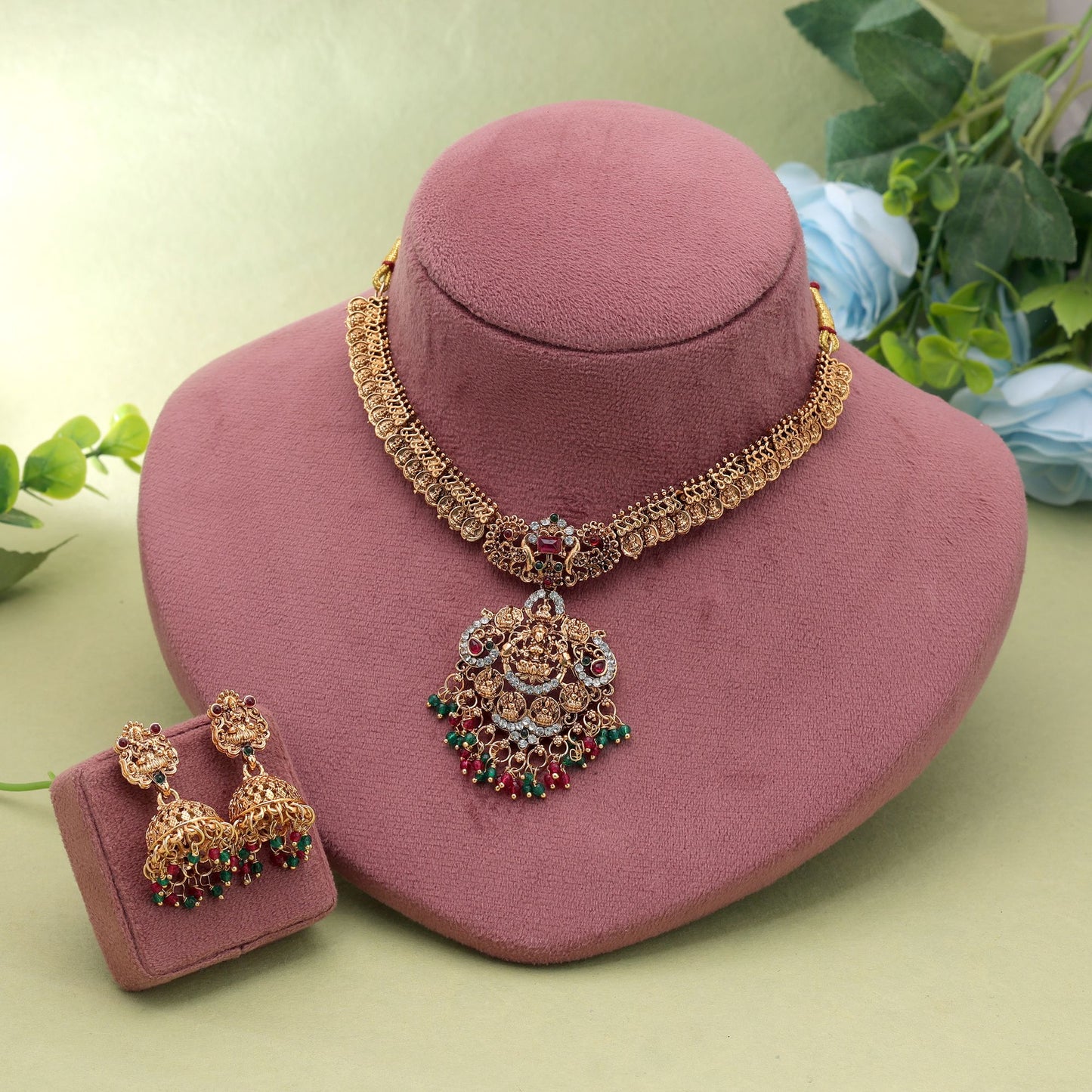 Rani & Green Color Temple Necklace Set with Premium Antique Temple Finish