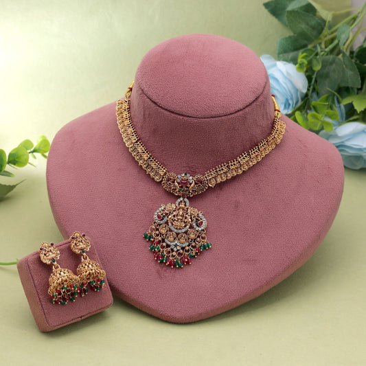 Rani & Green Color Temple Necklace Set with Premium Antique Temple Finish