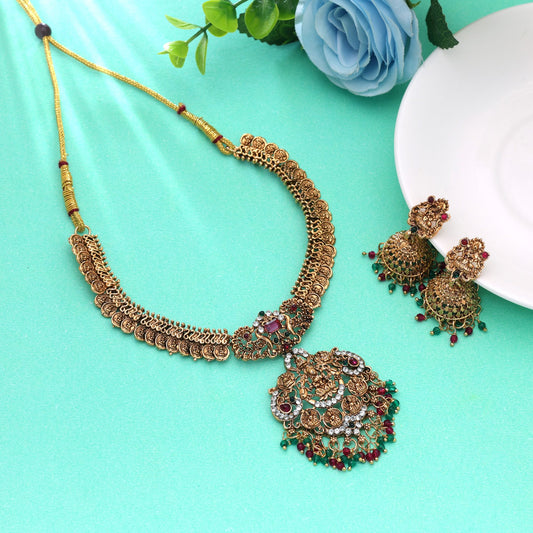 Rani & Green Color Temple Necklace Set with Premium Antique Temple Finish