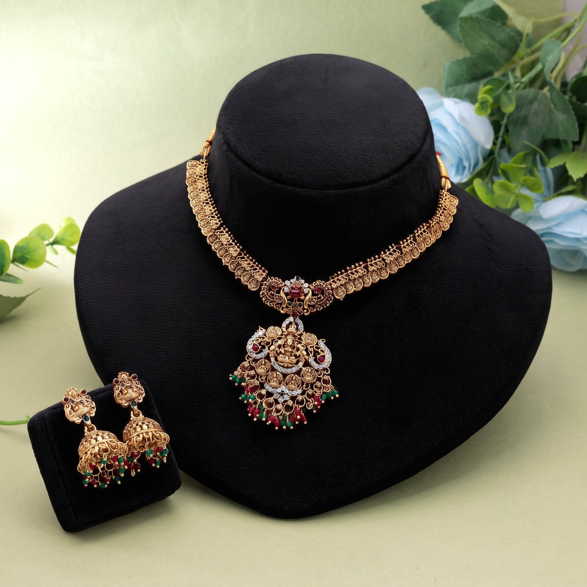 Tempelkette-Set in Rani & Grün mit Premium-Antik-Temple-Finish