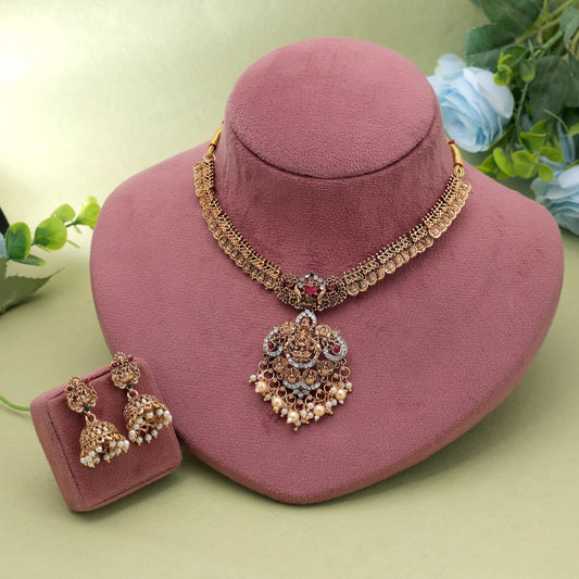 Rani & Green Color Temple Necklace Set Featuring Elegant Festive Jewelry Style
