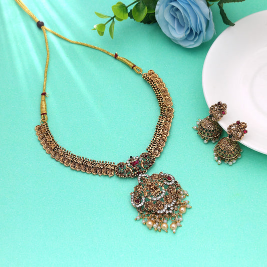 Rani & Green Color Temple Necklace Set Featuring Elegant Festive Jewelry Style