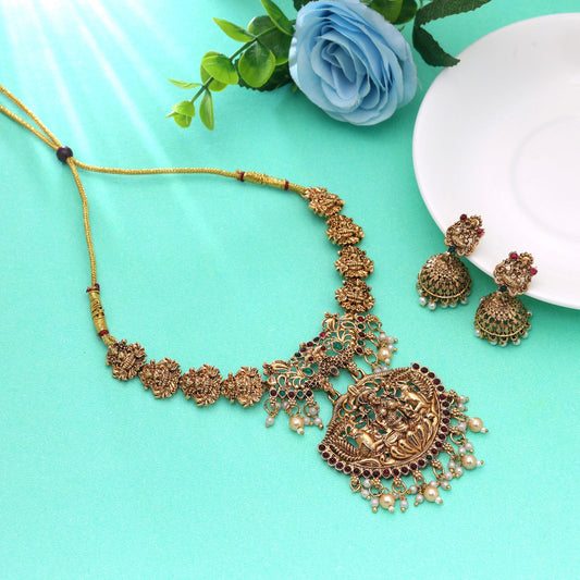 Rani & Green Color Temple Necklace Set with Traditional Royal Necklace Design