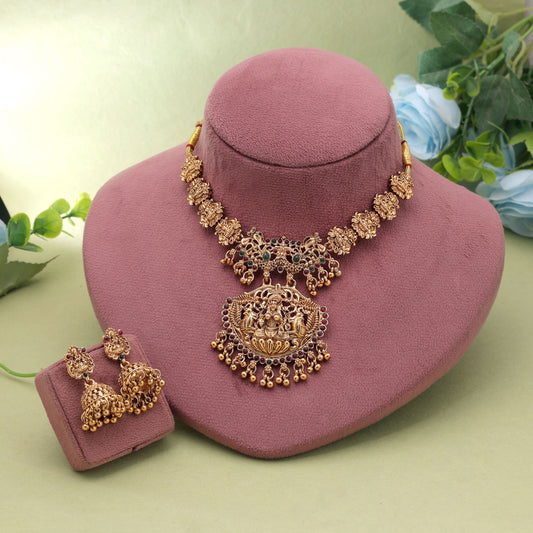 Rani & Green Color Temple Necklace Set Crafted with Designer Ethnic Details