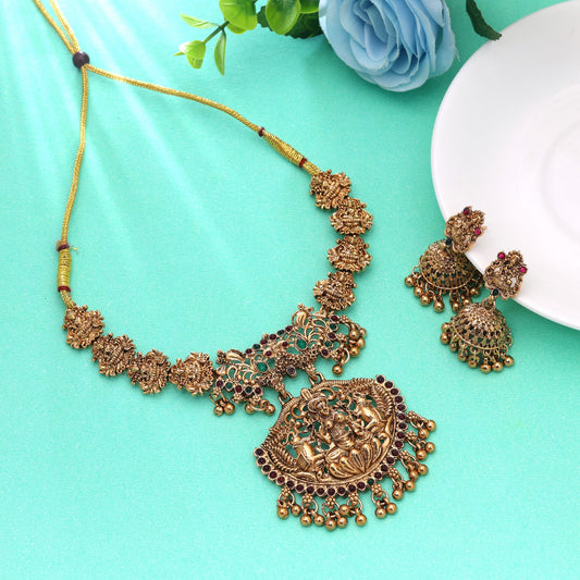 Rani & Green Color Temple Necklace Set Crafted with Designer Ethnic Details