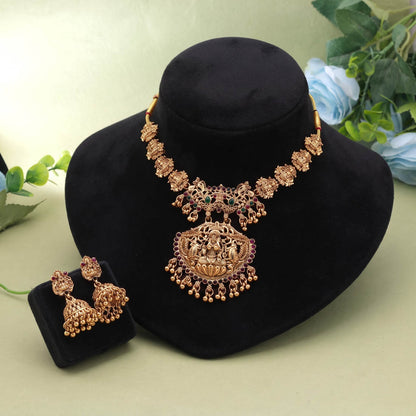 Rani & Green Color Temple Necklace Set Crafted with Designer Ethnic Details