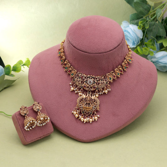 Rani & Green Color Temple Necklace Set with Beautiful Temple Jewelry Craftsmanship