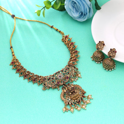 Rani & Green Color Temple Necklace Set with Beautiful Temple Jewelry Craftsmanship
