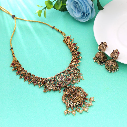 Rani & Green Color Temple Necklace Set with Beautiful Temple Jewelry Craftsmanship