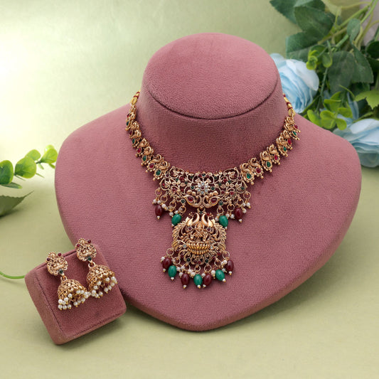 Maroon & Green Color Temple Necklace Set with Royal South Indian Inspired Design