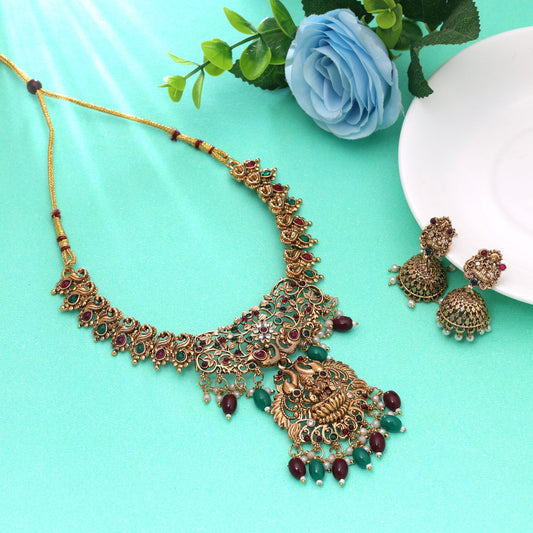 Maroon & Green Color Temple Necklace Set with Royal South Indian Inspired Design