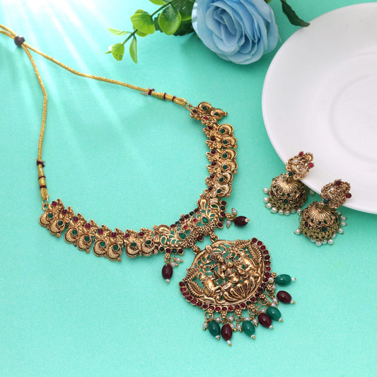 Maroon & Green Color Temple Necklace Set Featuring Elegant Traditional Craft Work