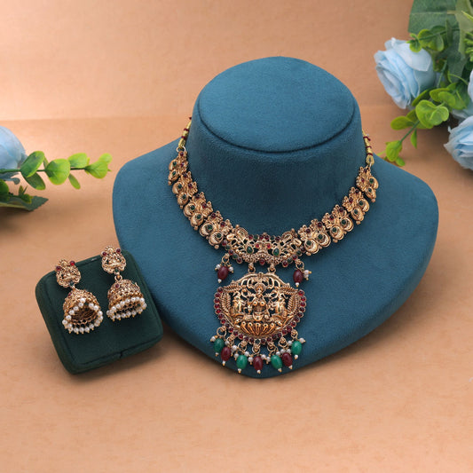 Maroon & Green Color Temple Necklace Set Featuring Elegant Traditional Craft Work