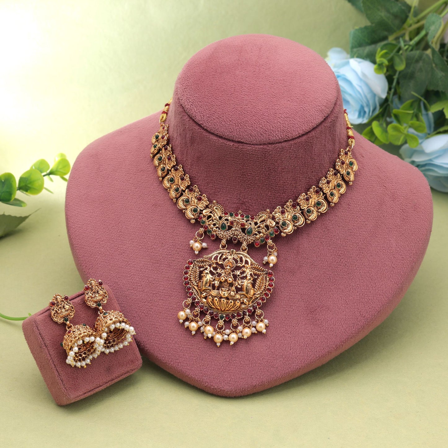 Maroon & Green Color Temple Necklace Set with Premium Festive Jewelry Appearance