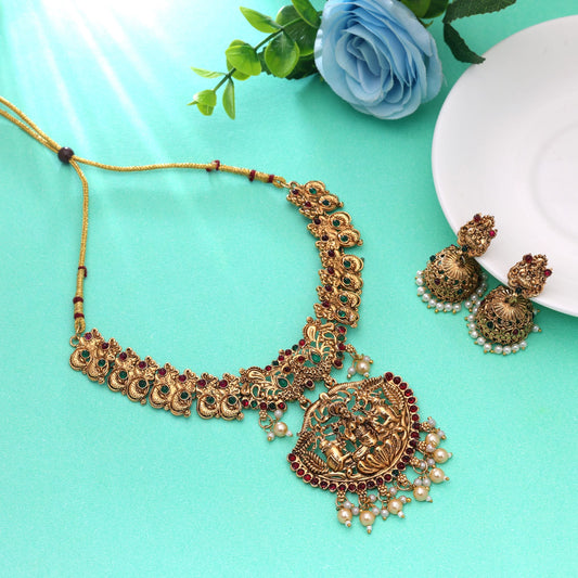 Maroon & Green Color Temple Necklace Set with Premium Festive Jewelry Appearance
