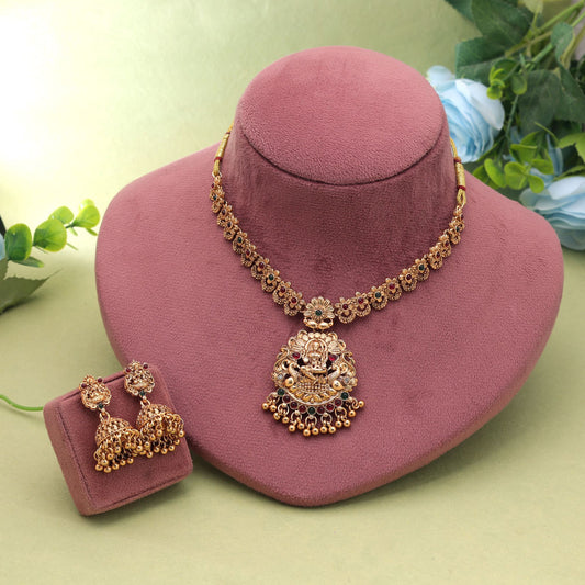 Maroon & Green Color Temple Necklace Set Crafted with Classic Antique Detailing