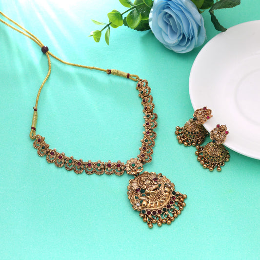 Maroon & Green Color Temple Necklace Set Crafted with Classic Antique Detailing