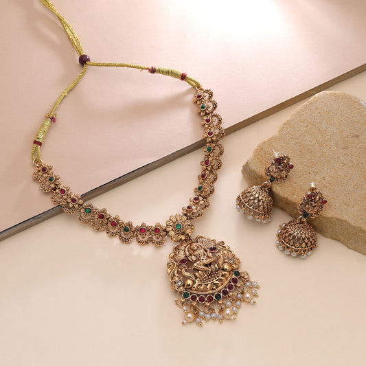 Maroon & Green Color Temple Necklace Set with Graceful Bridal Jewelry Charm