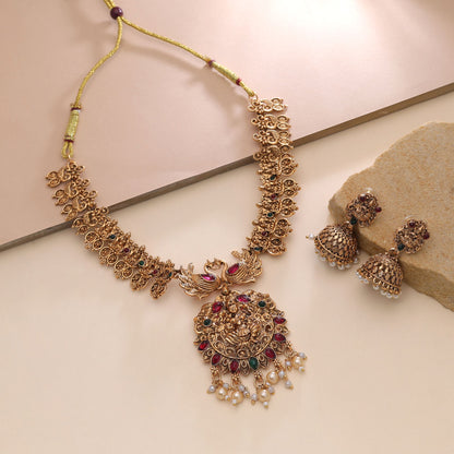 Rani & Green Color Temple Necklace Set with Charming Traditional Jewelry Finish