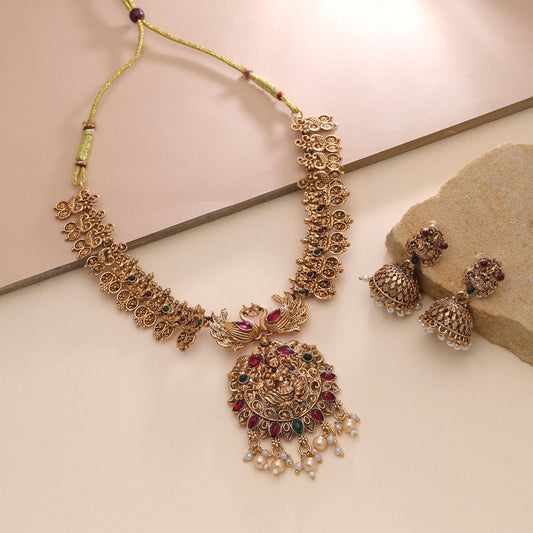 Rani & Green Color Temple Necklace Set with Charming Traditional Jewelry Finish