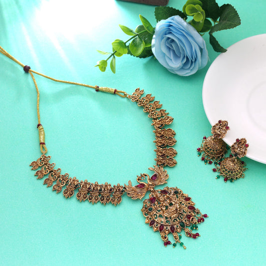 Rani & Green Color Temple Necklace Set Featuring Royal Temple Inspired Look