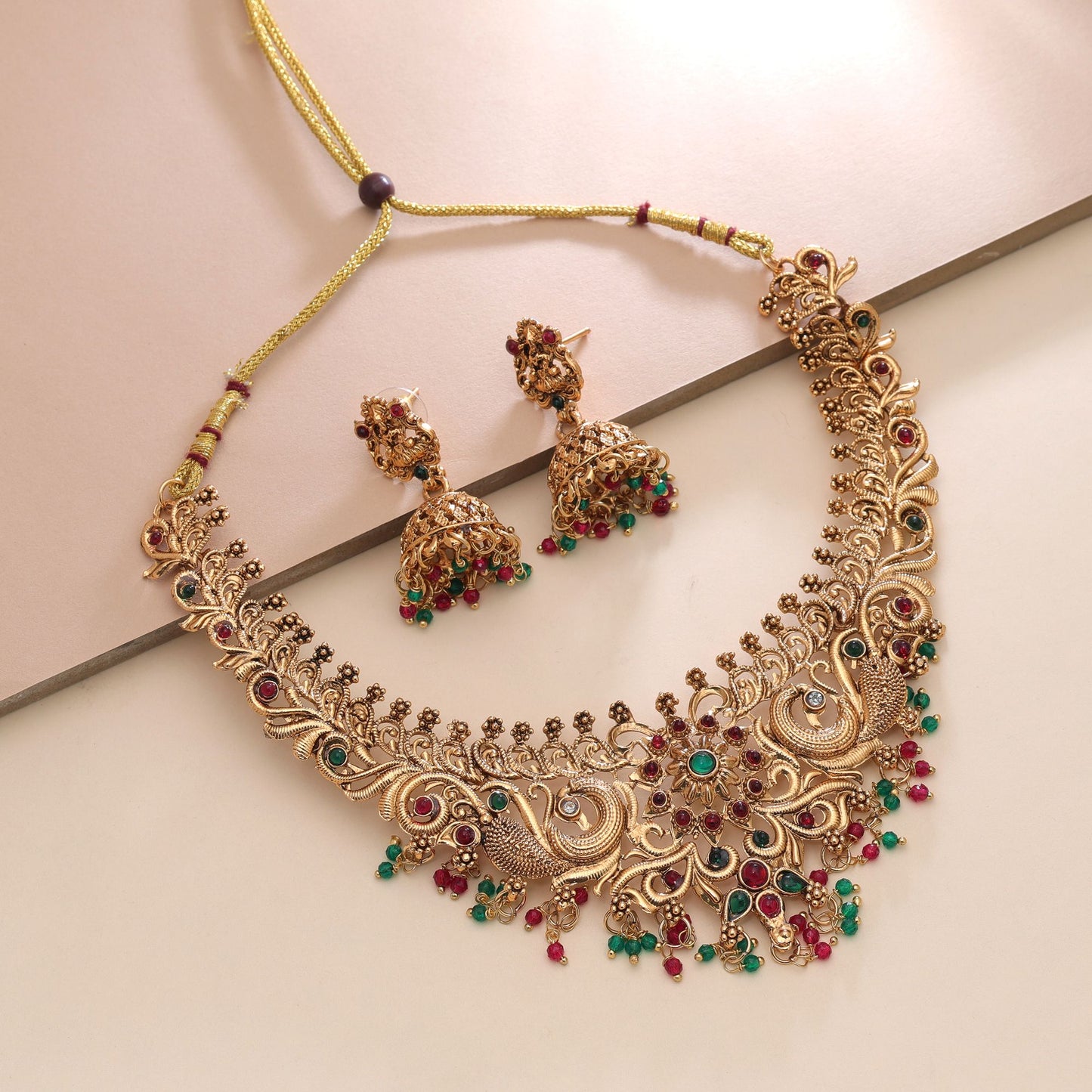 Rani & Green Color Temple Necklace Set with Beautiful Designer Jewelry Appeal