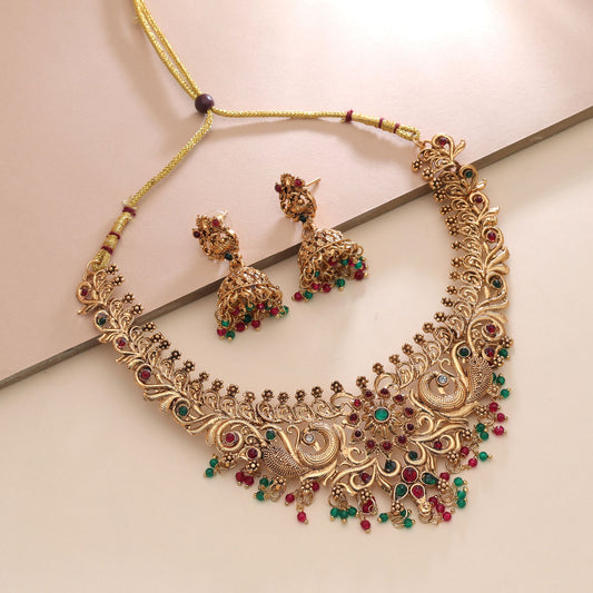 Rani & Green Color Temple Necklace Set with Beautiful Designer Jewelry Appeal