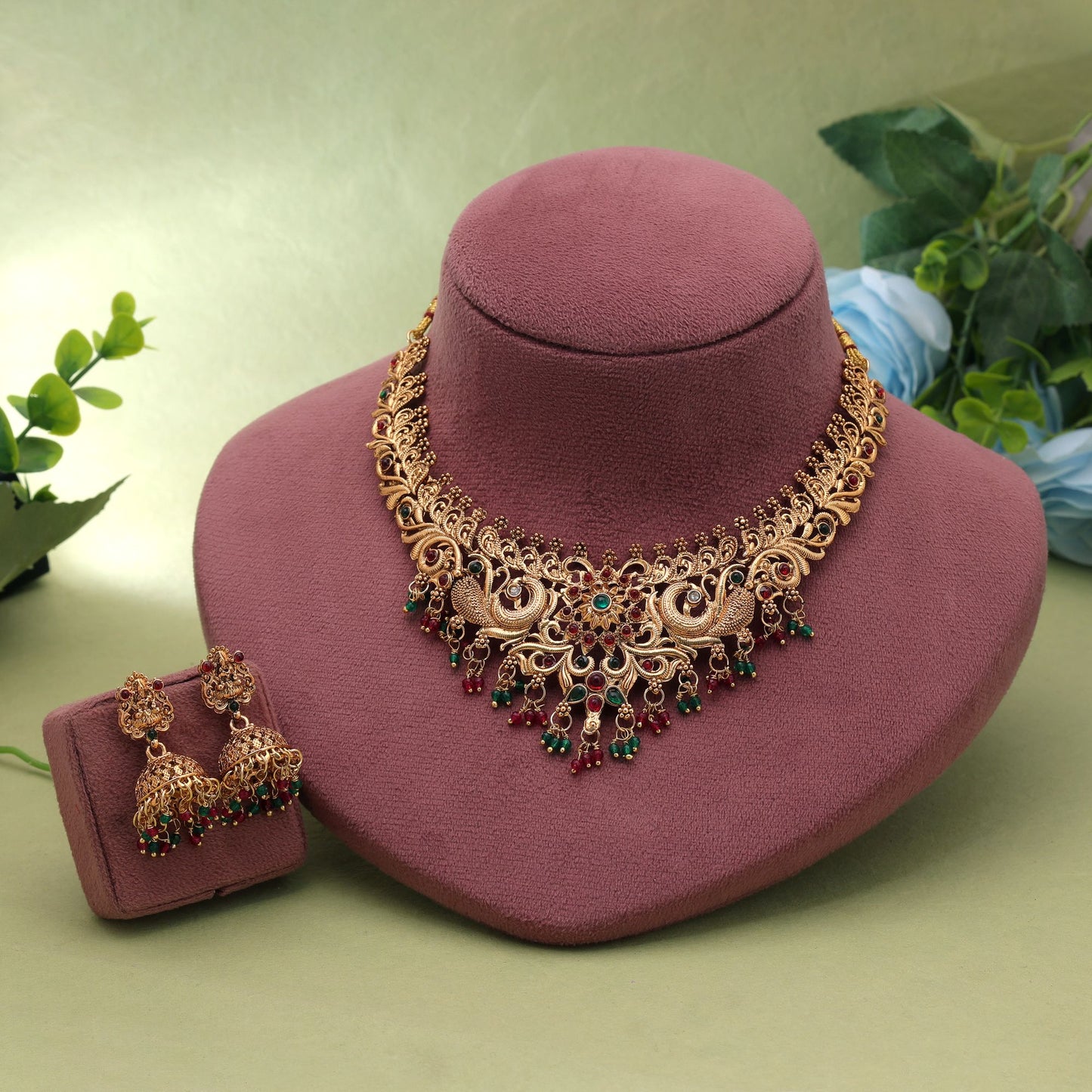 Rani & Green Color Temple Necklace Set with Beautiful Designer Jewelry Appeal